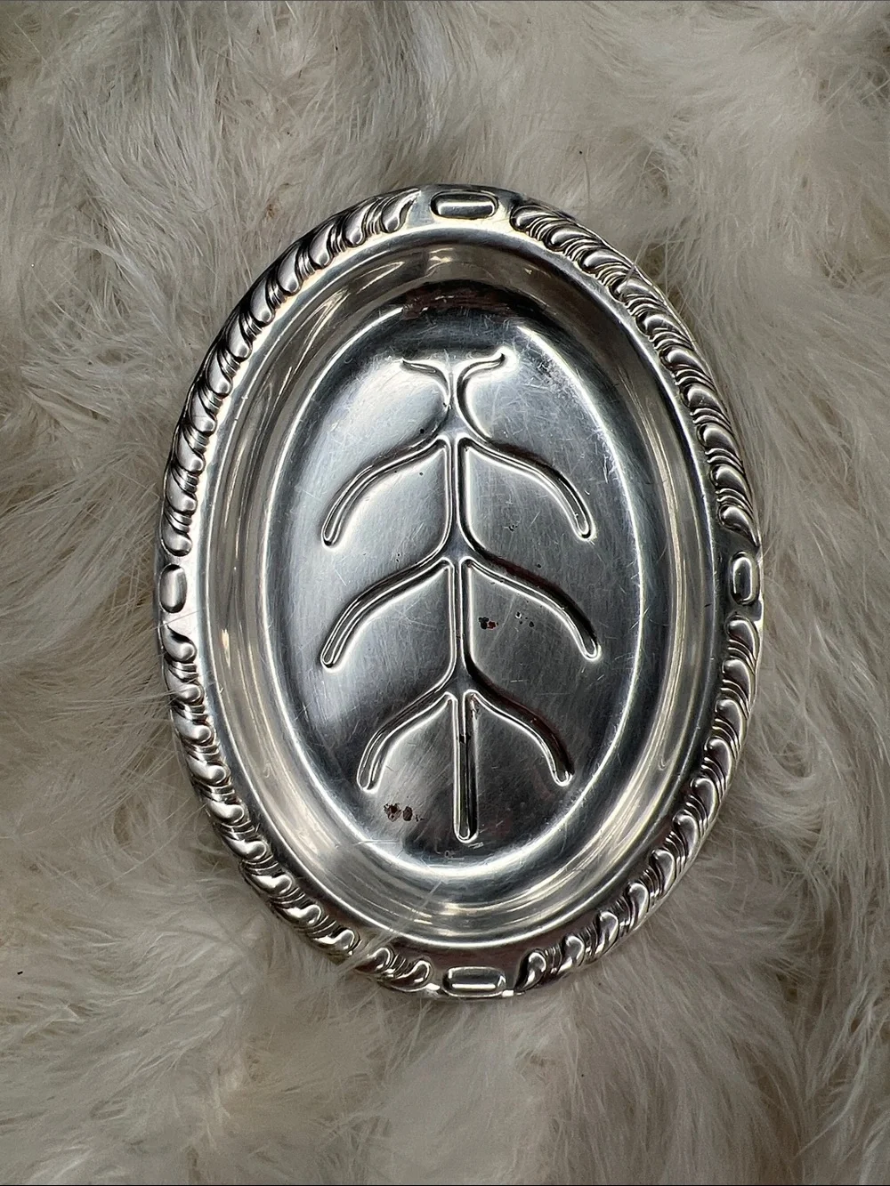 Vintage Antique Silver Plated Oval Decorative Tray with Leaf Motif Jewelry Tray